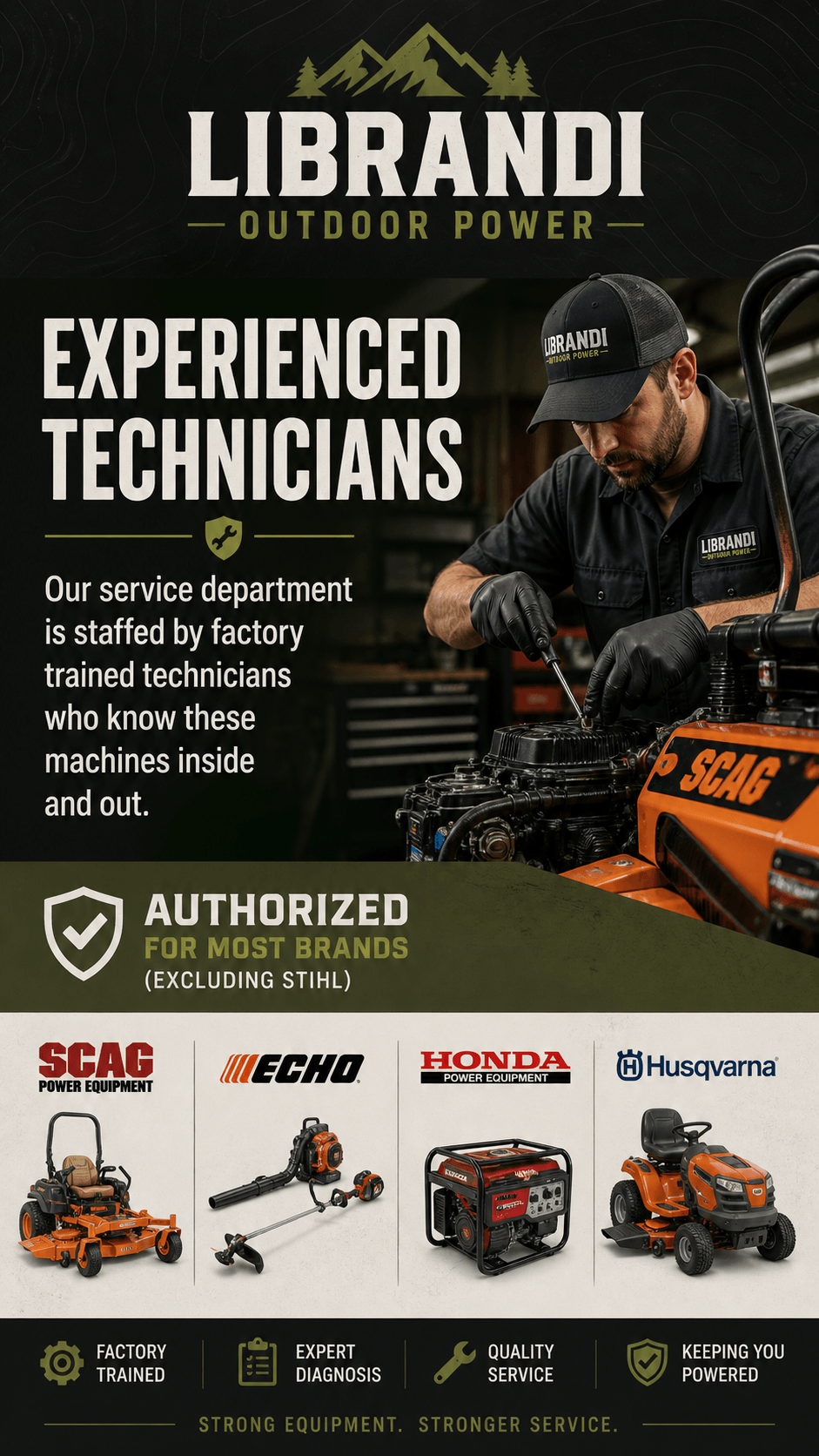 Experienced Technicians: our service department is staffed by factory-trained technicians who know mowers, chainsaws, trimmers, and small engines inside and out.