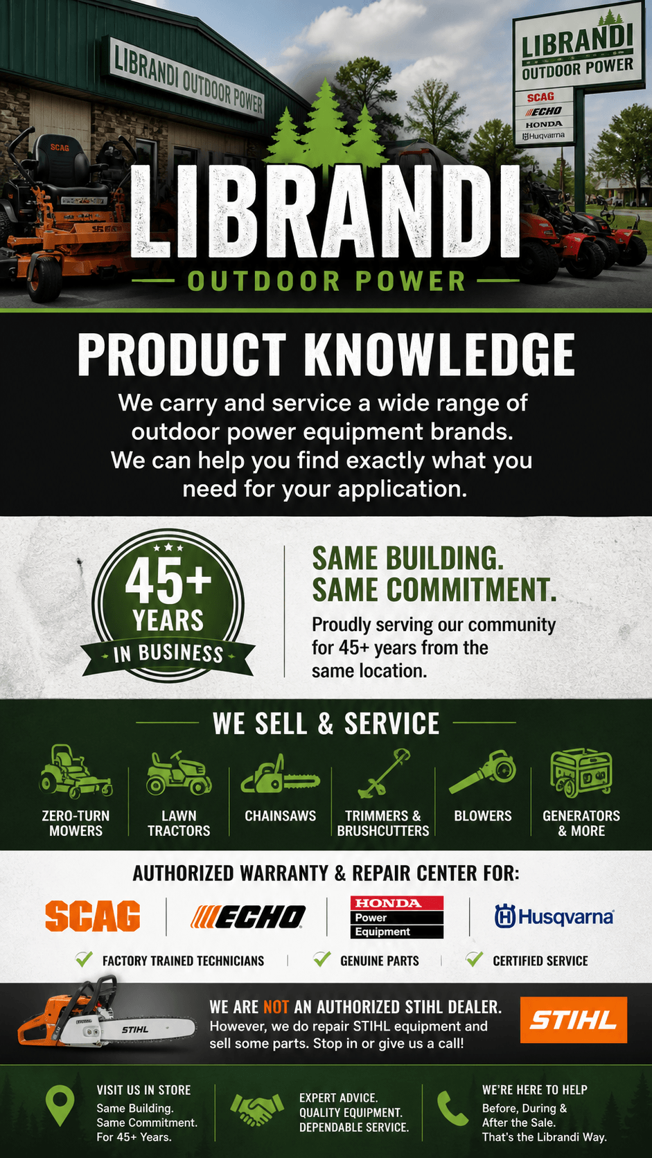 Product Knowledge: we carry and service a wide range of outdoor power equipment brands and can help you find exactly what you need for your application.