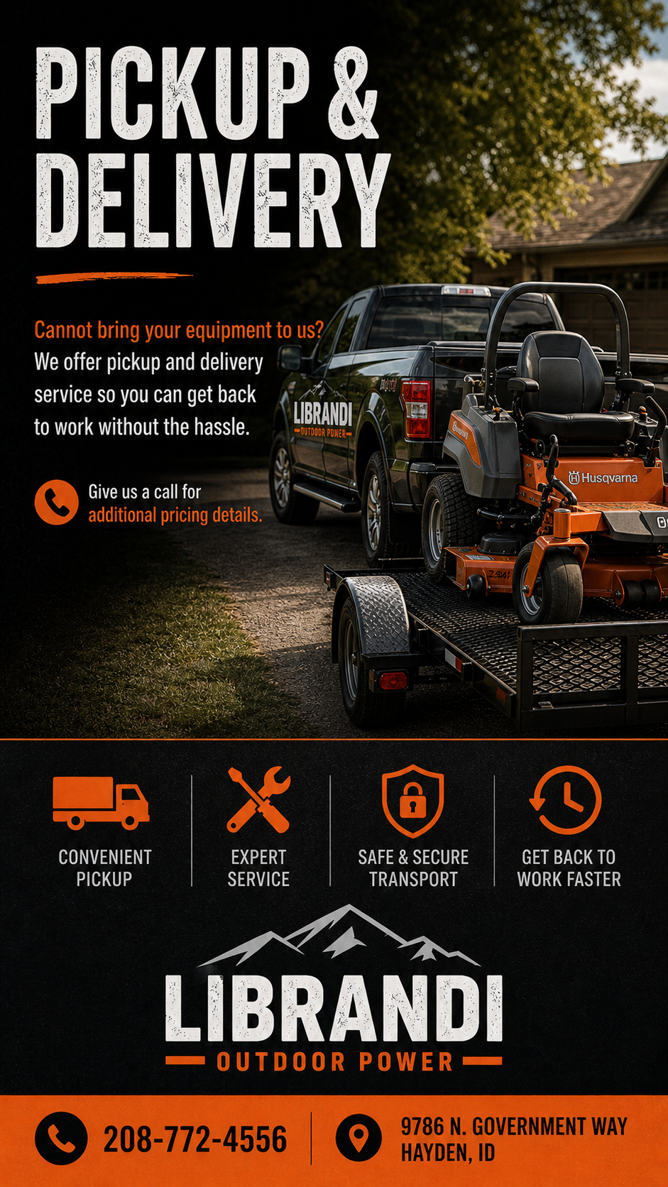 Pickup and Delivery: cannot bring your equipment in? Pickup and delivery service is available throughout the Hayden and Coeur d'Alene area. Call or use the contact form for current pricing and to schedule.