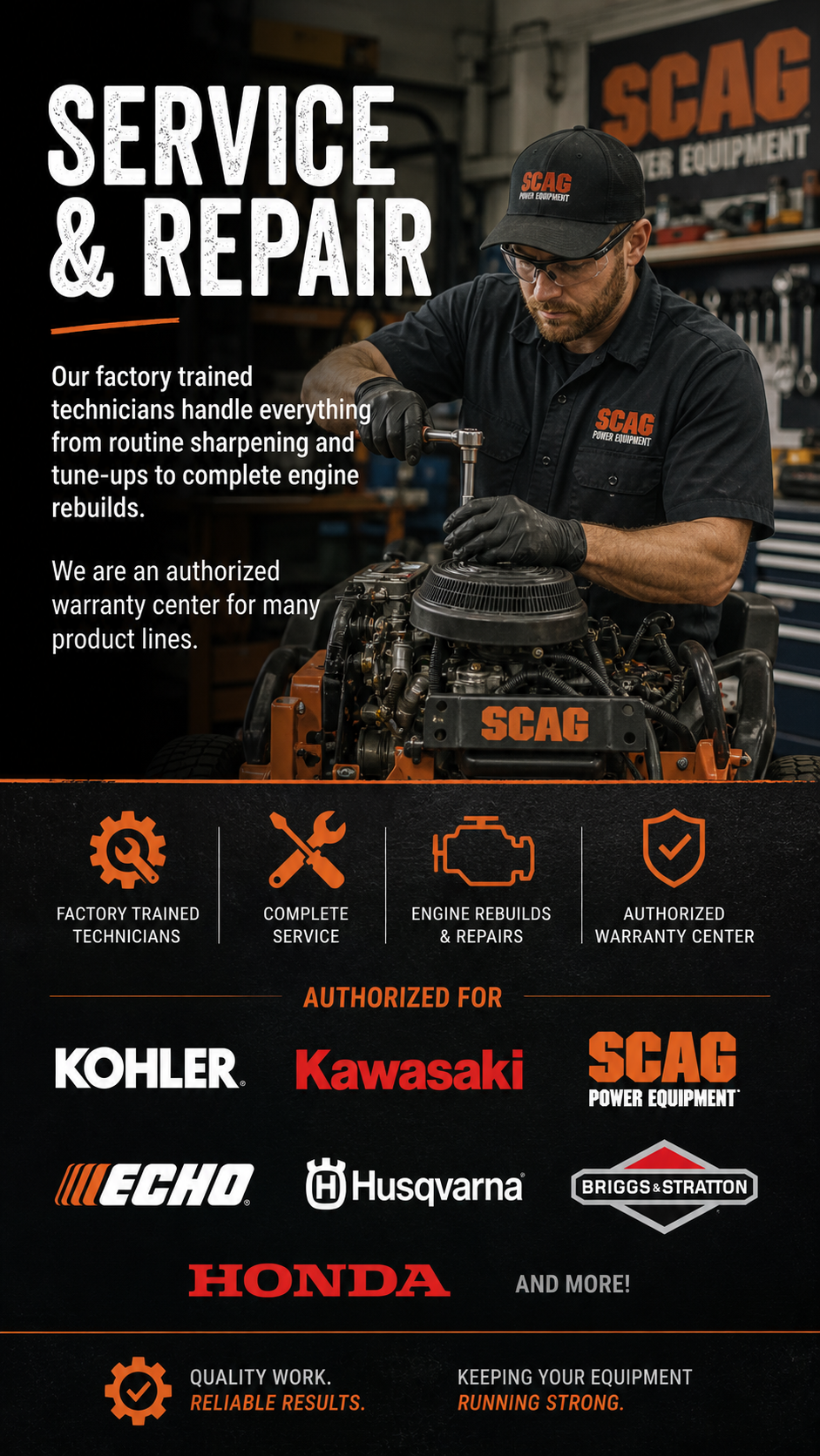 Service and Repair: factory-trained technicians handle everything from routine sharpening and tune-ups to complete engine rebuilds. Authorized warranty center for many of the brands carried