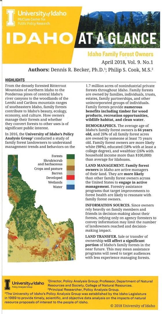 Idaho at a Glance publication on family forest owners